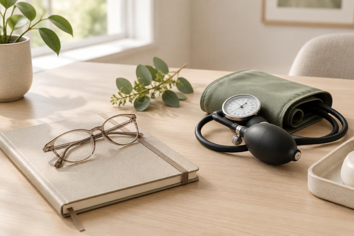 Aparelho de pressão, óculos e caderno representando o check-up após os 40 anos