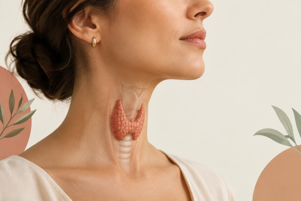 Ilustração anatômica da glândula tireoide no pescoço de uma mulher