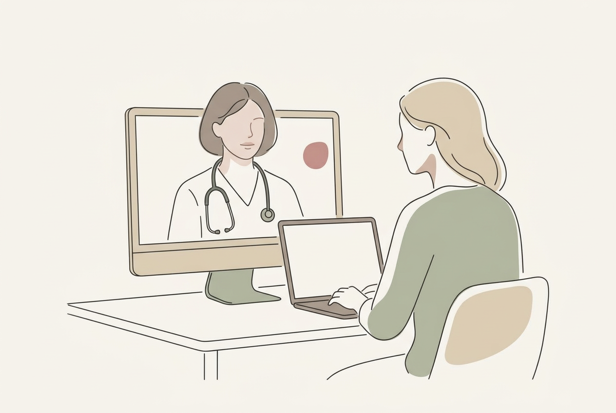 Mulher participando de uma consulta médica por videochamada em casa