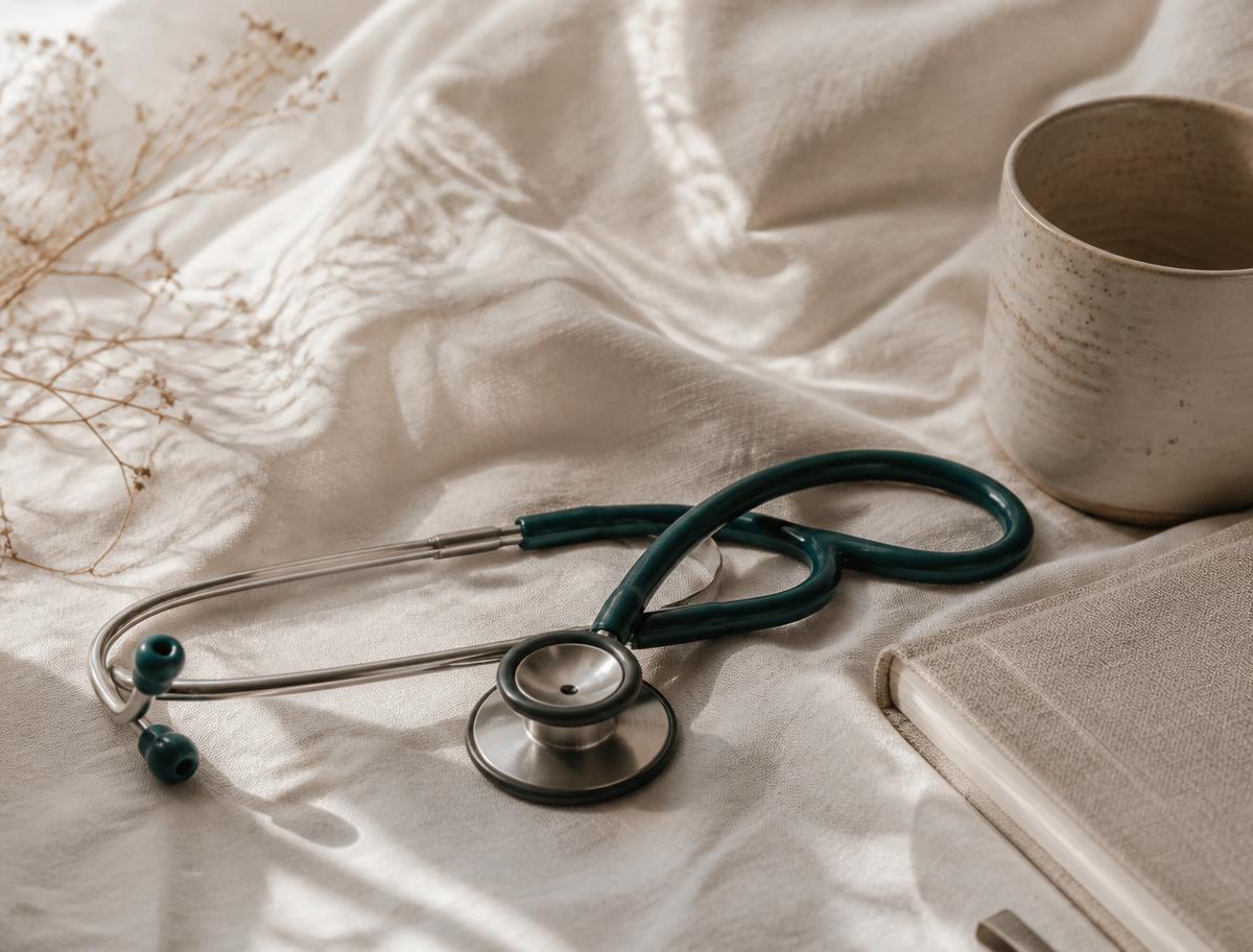 Estetoscópio, caderno e xícara sobre tecido de linho, representando uma consulta médica tranquila